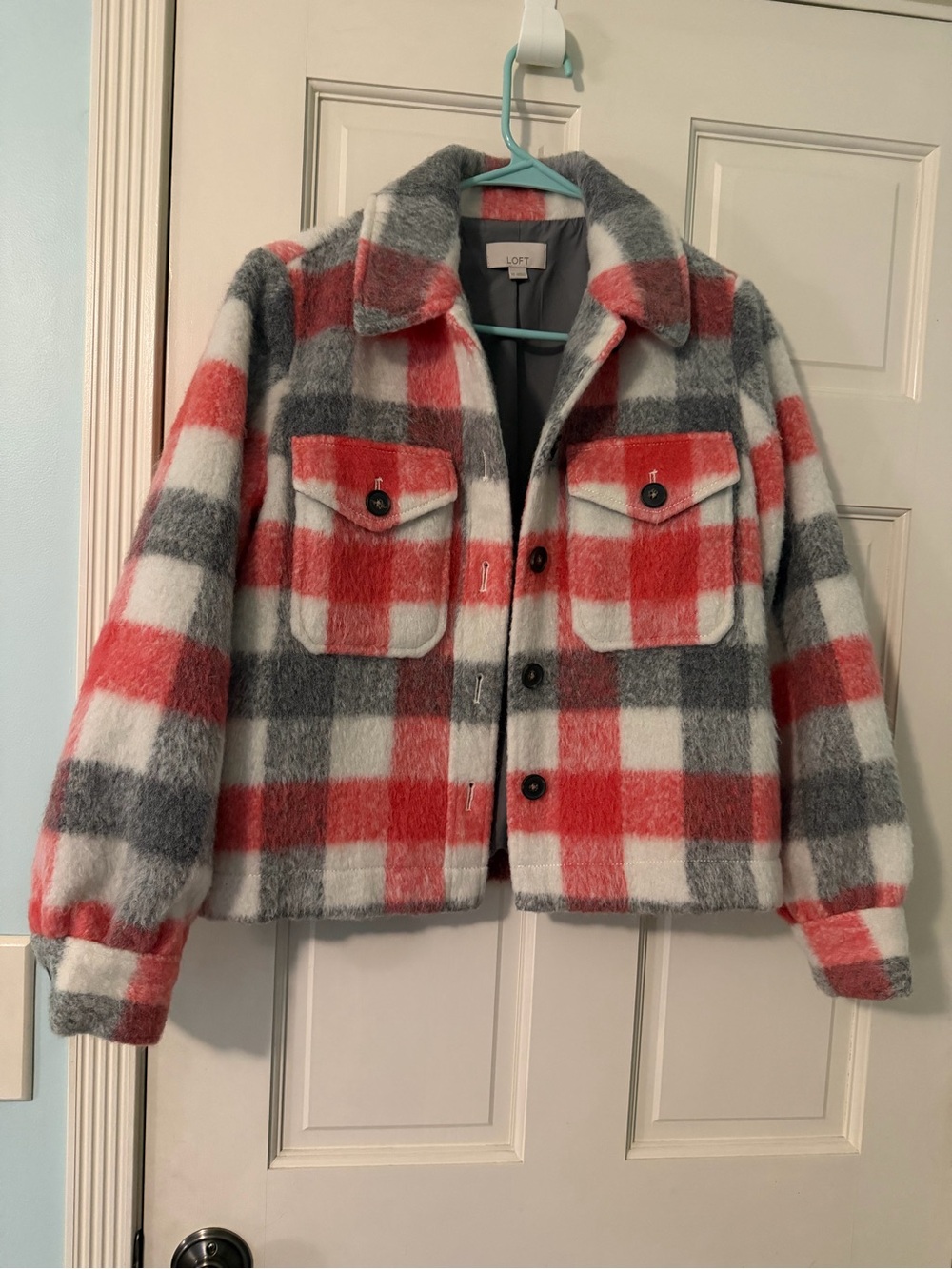 LOFT Red, Gray & White Plaid Pea Coat NWOT